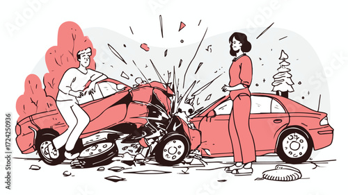 Dynamic Car Crash Illustration with Two People - Vector Art