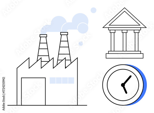 Factory emitting smoke, a classic clock representing time management, and a government building. Ideal for industry, production, policy, time, institution efficiency regulation concepts. Simple