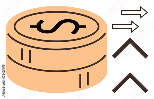 Coin stack with dollar sign symbolizes wealth arrows signify growth, trends, and progress. Ideal for finance, economy, business, investment, trading profit monetary concepts. A simple flat metaphor