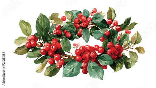 Holiday Watercolor Wreath with Vibrant Holly Berries for Festive Designs
