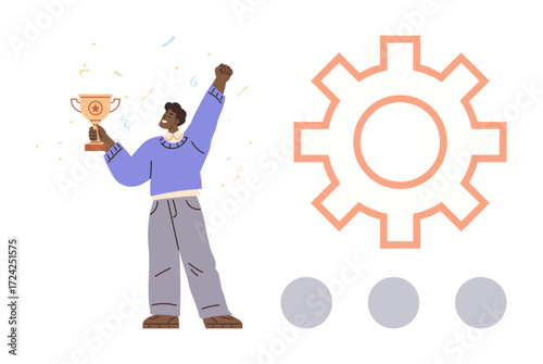 Person celebrating with trophy amid confetti beside a large gear symbol and three dots. Ideal for achievement, teamwork, success, reward, personal growth, motivation, simple flat metaphor