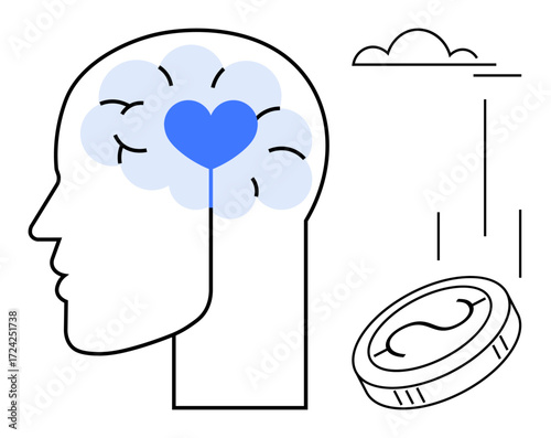 Human head outline with a heart in the brain, coin dropping, and cloud. Ideal for mental health, financial planning, emotional intelligence, decision-making, mindfulness, positivity self-care