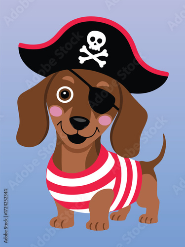 Cute Dachshund Dog in Pirate Costume with Skull Hat and Eyepatch