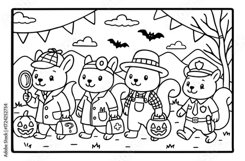 Squirrels in costume for halloween party coloring book cute illustration to paint