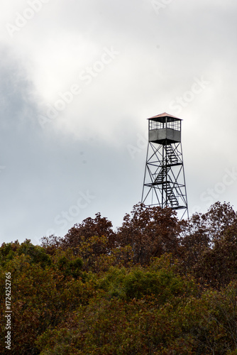 a firetower in the fall