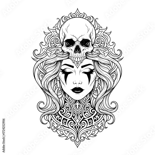 Intricate black and white illustration of a woman with a skull crown and ornate gothic patterns.