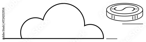 Cloud and coin outline highlighting digital saving, efficiency, innovation, financial growth. Ideal for technology, finance, cloud storage, digital services, investment technology adaptation simple