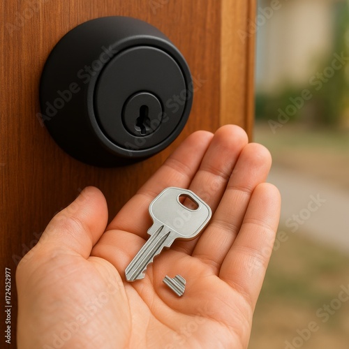 Silver Broken Key Extraction and Replacement with Matte Black Deadbolt on Wooden Door