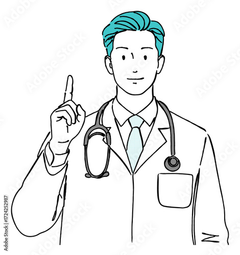 白衣を着て聴診器をかけ、指を立てて説明する男性医師のイラスト。医療、健康、病院、説明、注意喚起などに利用できるシンプルなドクターのイラスト素材。