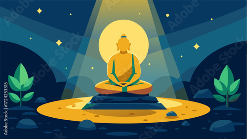A ray of sunlight illuminates a small stone statue of a Buddha inviting a freelancer to take a moment of mindfulness and recharge in the Zen garden.. Vector illustration