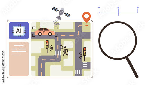 Digital map with AI chipset, smart car, pedestrian, satellite tracking, traffic sensors, magnifying glass. Ideal for AI, navigation technology city planning transport safety automation. Simple