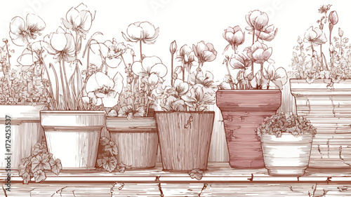 Serene Garden Scene with Wooden Flowerpots for Relaxing Outdoor Ambiance