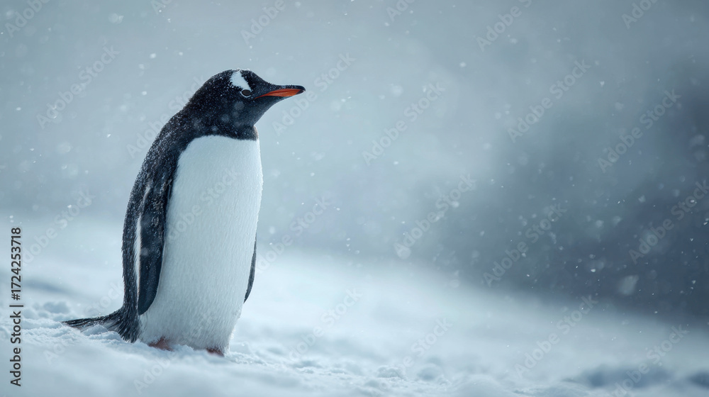 Fototapeta premium Gentoo penguin standing on snow-covered landscape during a snowstorm with soft focus background and gentle snowfall creating a serene winter atmosphere.