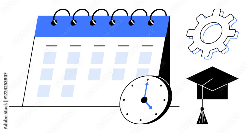 custom made wallpaper toronto digitalDesk calendar with clock, cogwheel, and graduation cap conveys time management, organization, learning, setting goals, career planning, productivity, and personal development in a simple flat
