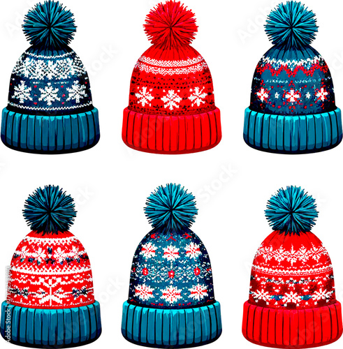 Knitted hat, clothes on the theme of Christmas and new year. Vector illustration. Seasonal warm woolen hat decorated with a pompom, insulated on a white background
