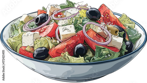 Fresh Greek Salad Vector Illustration with Outline Design for Healthy Food Concept