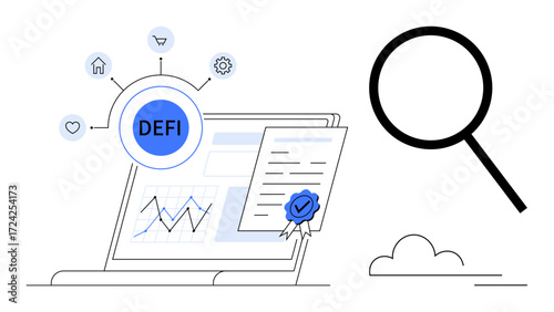 Laptop displaying decentralized finance elements, analytics charts, certified documents, and magnifying glass. Ideal for fintech, blockchain, investment, innovation, security certification