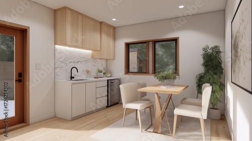 A modern backyard studio with a kitchen and dining area. Features wooden cabinets, a small table with chairs, and large windows for natural light.