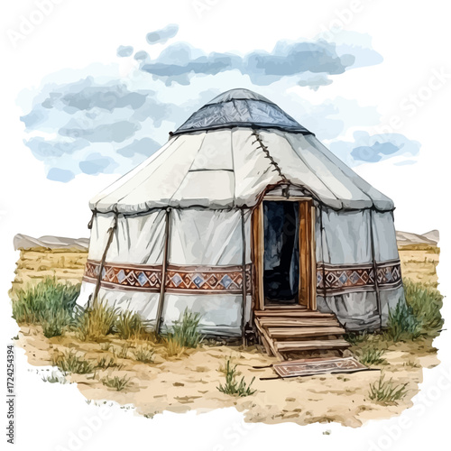 Mongolian Nomadic Games, watercolor drawing vector, isolated on a white background.