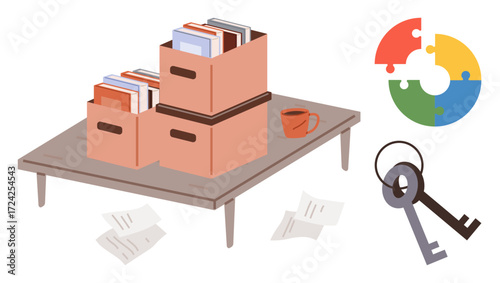 Storage boxes with books on a wooden table, keys, scattered papers, and a circular puzzle diagram. Ideal for teamwork, organization, planning, education problem-solving strategy workflow. A simple