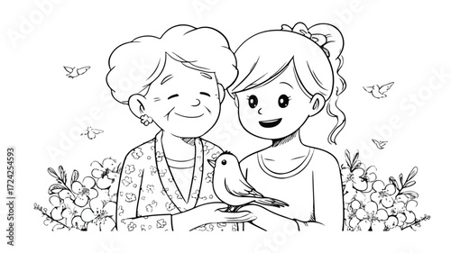 Happy Senior Woman and Granddaughter with a Bird - Joyful Family Moment