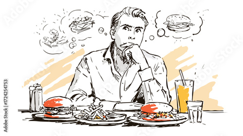 Hungry Man Thinking About Food Hand Drawn Style Vector Illustration