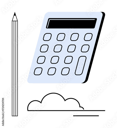 Calculator, pencil, and cloud symbolizing creativity, efficiency, and financial management. Ideal for accounting, productivity, education, finance planning decision-making digital solutions