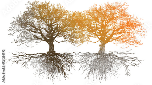 Uprooting Two Trees Vector Illustration: Growth, Change, Impact of Deforestation