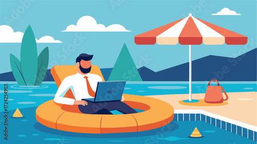 A businessman sets up a temporary outdoor office by the pool with a laptop on his lap and a makeshift desk made from a pool float.. Vector illustration