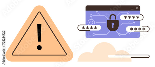 Exclamation mark triangle paired with a secure login system, password field, and lock icon above clouds. Ideal for online security, cybersecurity, password safety, data protection, risk management