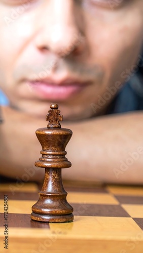 Close-up of a person focusing on a black king chess piece