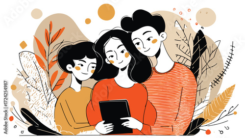 Happy Family Using Digital Tablet Together at Home
