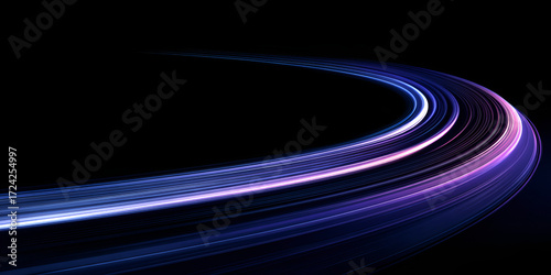 Curved neon purple and blue light trails on dark background
