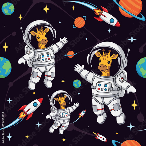 Cute cartoon giraffes in astronaut suits exploring outer space with rockets and planets Fun adventure