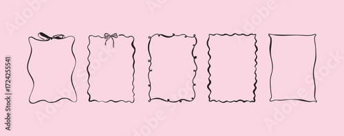 Set bow frames template with space for text. Hand drawn frames with bows ribbons isolated on background. Vertical border frame. La dolce vita. Hand drawn retro frames set. Scribble wavy borders