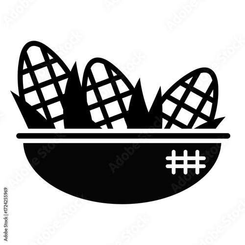 とうもろこしと収穫かごのシンプルな白黒イラスト