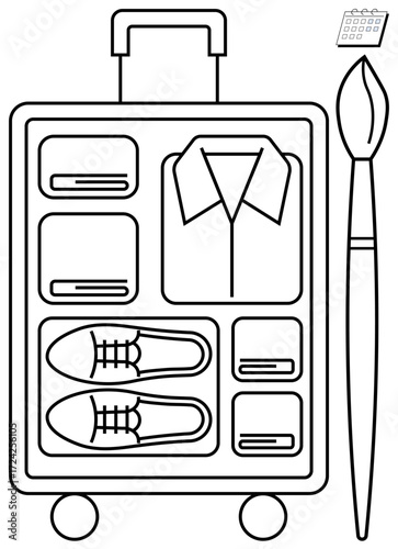 Packed suitcase with clothing, shoes, and organized compartments next to a paintbrush for highlighting creativity. Ideal for travel, organization, creativity, planning, design, art and conceptual