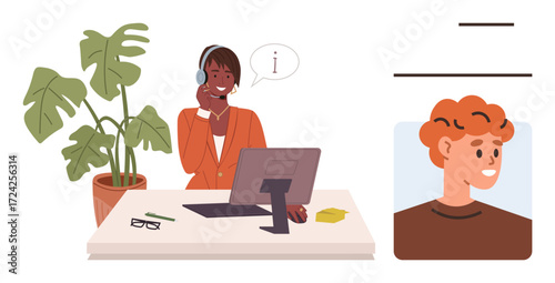 Customer support representative with headset answering customer inquiry at desk with computer screen. Ideal for customer service, online support, communication, teamwork, consultation, remote work