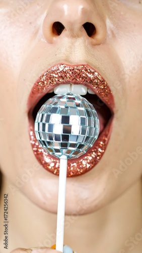 Close-up of a person's mouth holding a disco ball lollipop