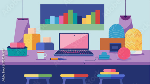Amidst piles of colorful yarn and knitting needles a laptop is set up on a small table in the bustling textile studio utilized for tracking inventory and online sales.. Vector illustration