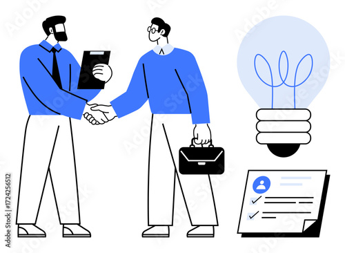 Two professionals shaking hands, lightbulb representing ideas, resume with checkmarks. Ideal for teamwork, collaboration, negotiation, innovation, recruitment leadership success. Simple flat
