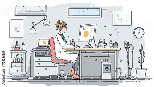 Professional Doctor Working at Desk in Hospital Setting
