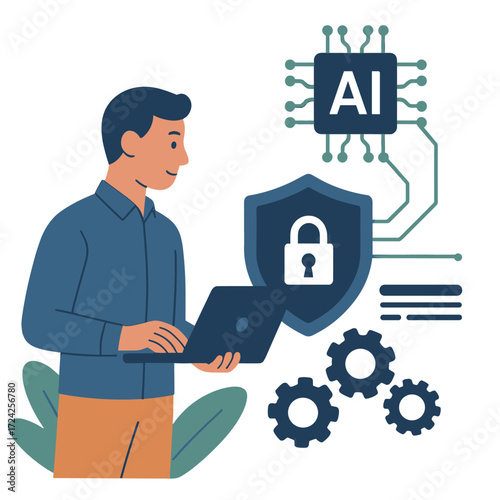 Flat illustration of a man employing AI to enhance cybersecurity,  security, and automate defenses