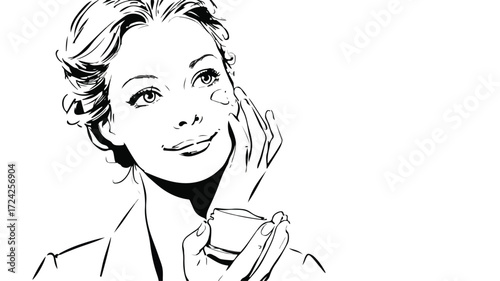 Elegant Woman Applying Nourishing Facial Cream Vector Illustration