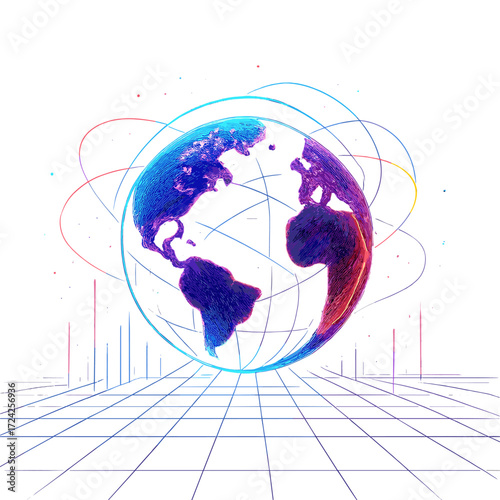 A  image depicting a neon‑colored, global Metaverse digital world in cyberspace, featuring 3D rendered backgrounds, futuristic energy technology, and internet connectivity concepts