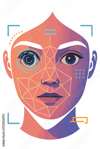 A futuristic biometric eye scan featuring female eyes and vibrant facial recognition technology set against a dark backdrop