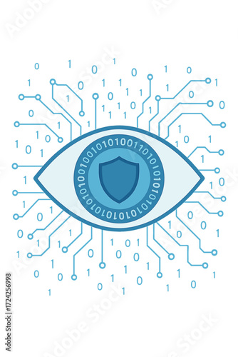 A digital eye, data network, and cybersecurity technology set against a vector background, featuring futuristic virtual cyberspace and secure internet surveillance, with binary code and a safety