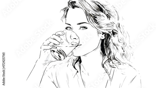 Refreshingly beautiful woman drinking fresh water in hand-drawn style