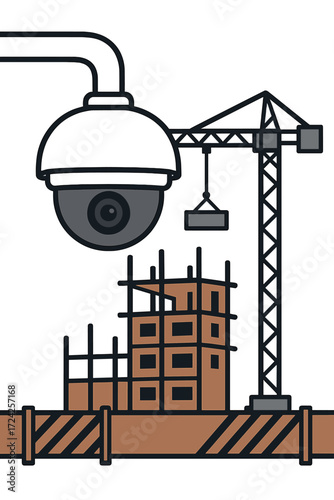 A white, dome-shaped security camera watches over a construction site, maintaining safety and stopping unauthorized entry