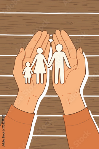A woman delicately holds paper cutouts of a family on a weathered wooden table, illustrating a concept for family protection, insurance, or social care